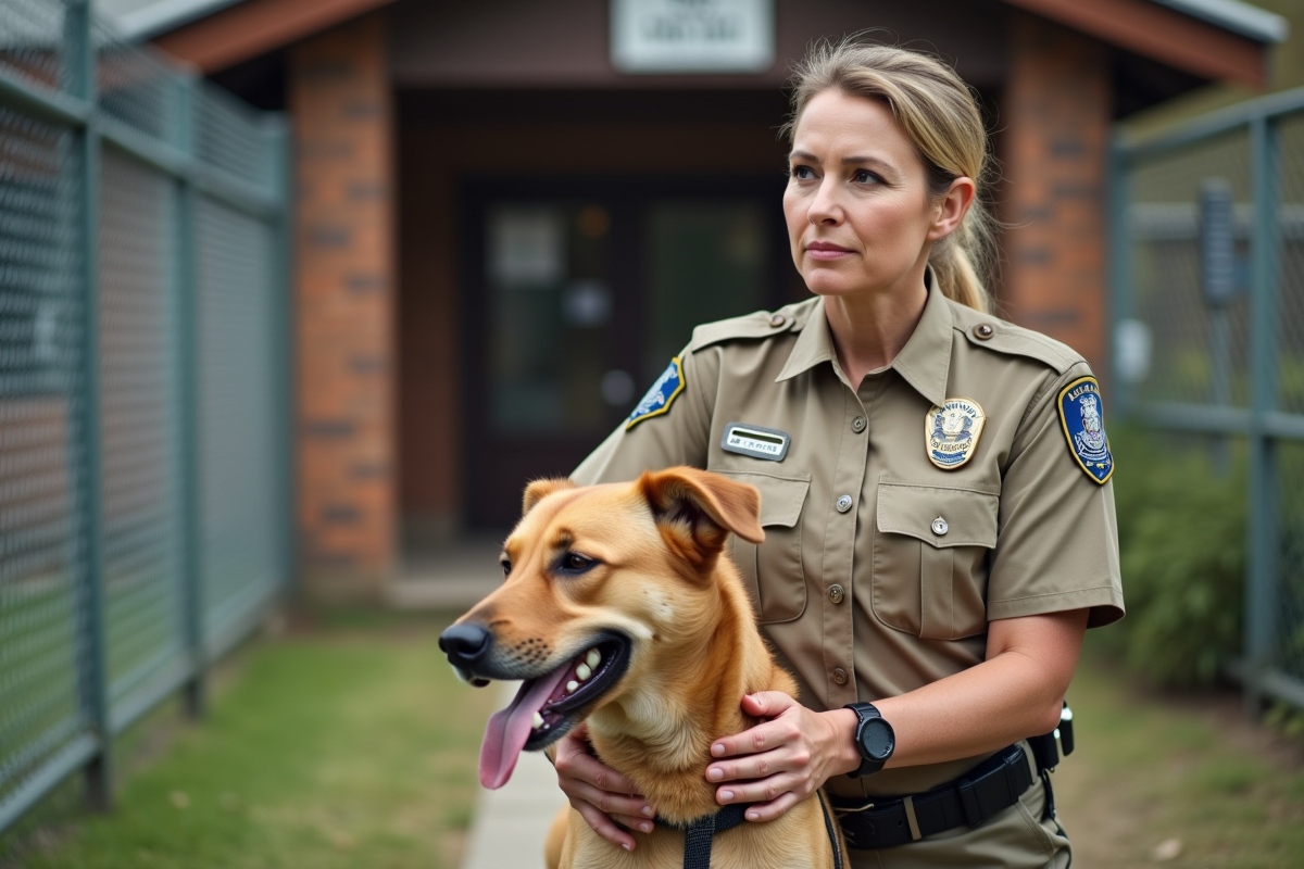 Officier animalier avec chien dans un refuge animalier