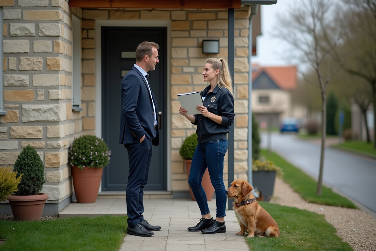 Officier de protection animale devant une maison française