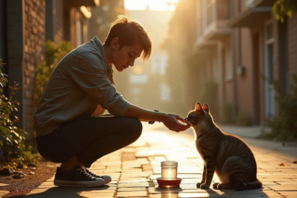 Personne agenouillée dans une ruelle urbaine offrant nourriture à un chat errant