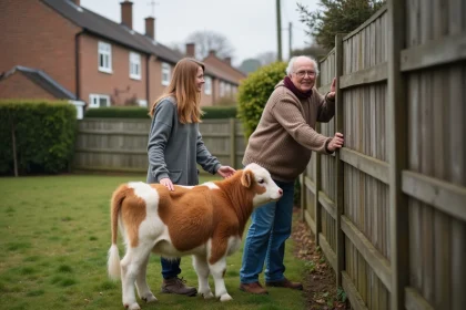 Petite vache fluffy dans un jardin suburbain