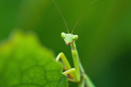 Phasme vert sur une feuille en plein jour