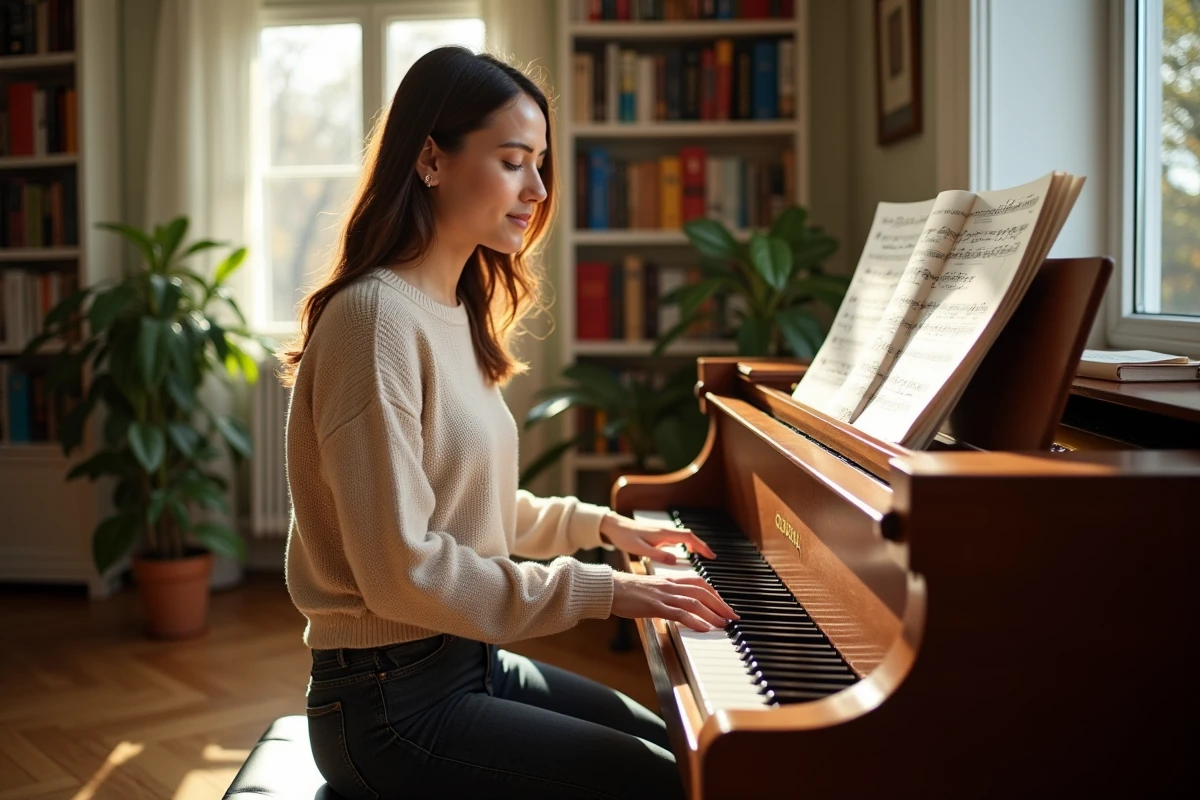 Pianiste adulte jouant la version instrumentale de la chanson du Cheval pour chorale dans une salle de musique à domicile