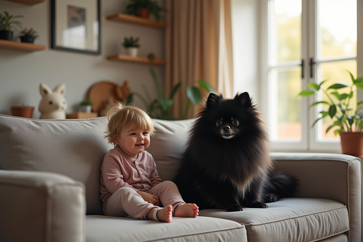 Chien pomeranian noir avec un enfant dans un salon lumineux
