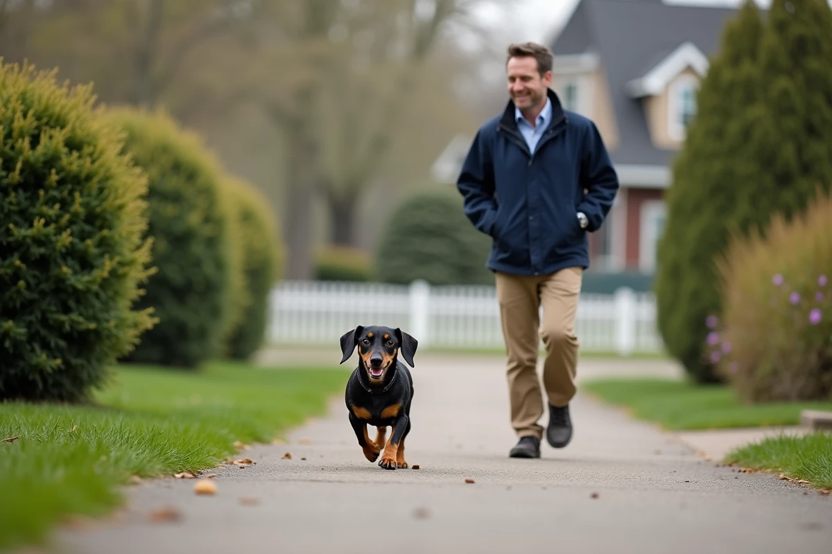 Chien teckel miniature courant avec un homme dans un quartier résidentiel