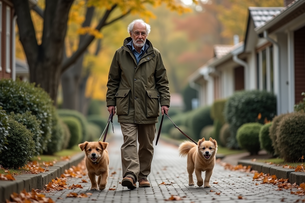 Homme marchant avec deux petits chiens dans une rue tranquille