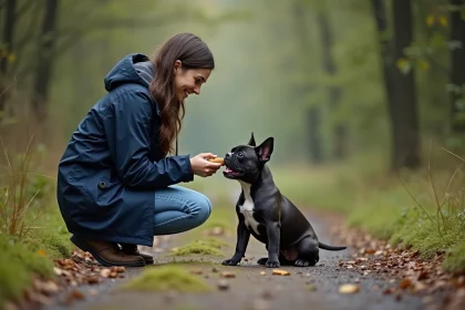 Jeune femme avec chien bleu dans la forêt