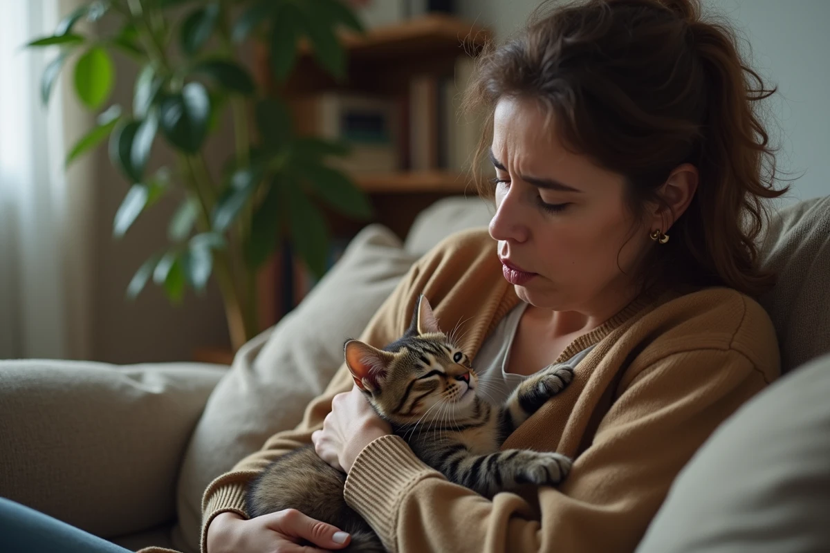 Propriétaire rassure un chaton malade à la maison