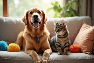 Golden retriever et chat tigré sur un canapé lumineux