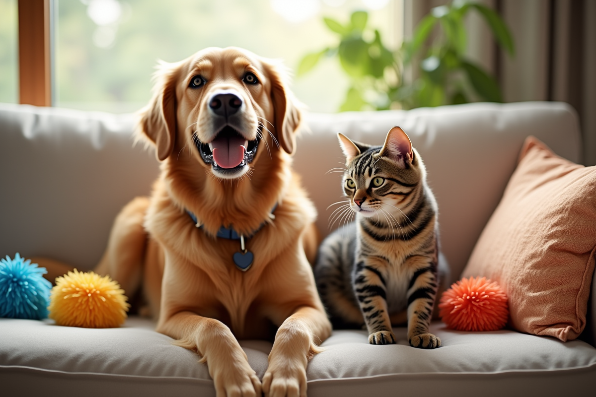 Golden retriever et chat tigré sur un canapé lumineux