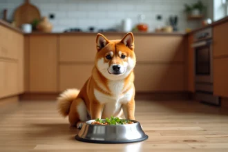 Shiba Inu assis devant sa gamelle remplie de croquettes dans une cuisine moderne en bois