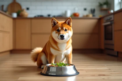 Shiba Inu assis devant sa gamelle remplie de croquettes dans une cuisine moderne en bois
