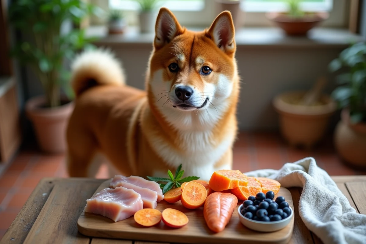 Shiba Inu observant des ingrédients naturels pour une alimentation équilibrée sur une table rustique