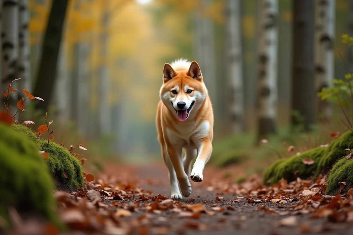 Shiba Inu en pleine course sur un sentier forestier entouré de feuilles d'automne