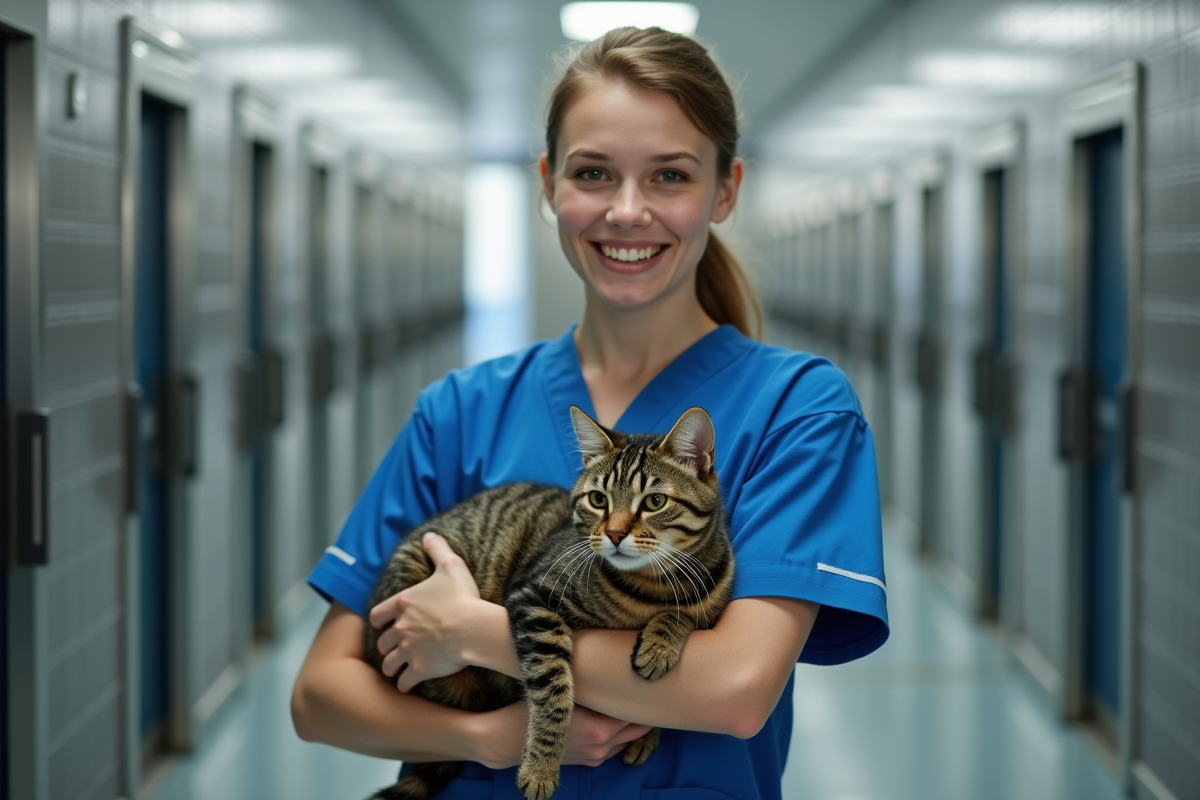 Jeune femme en uniforme tenant un chat rescue dans un refuge