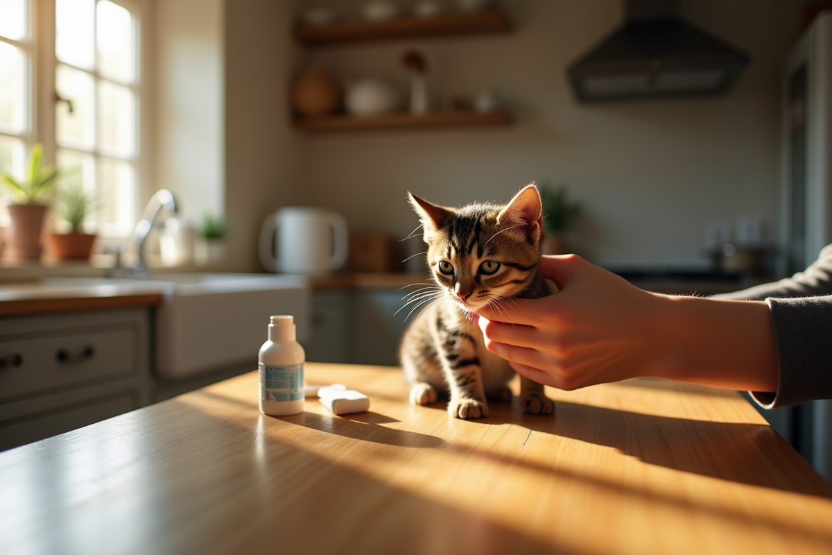 Main appliquant une pommade à un chat tacheté dans une cuisine lumineuse