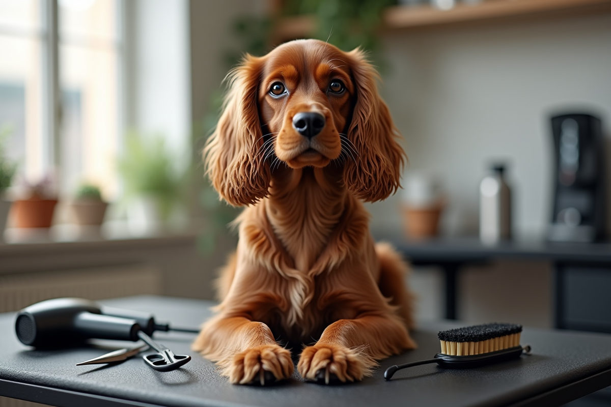 Chien cocker spaniel en toilettage intérieur avec outils