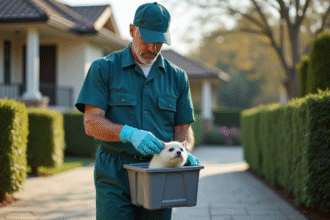 Technicien animalier en extérieur manipulant un animal