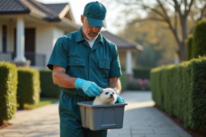Technicien animalier en extérieur manipulant un animal