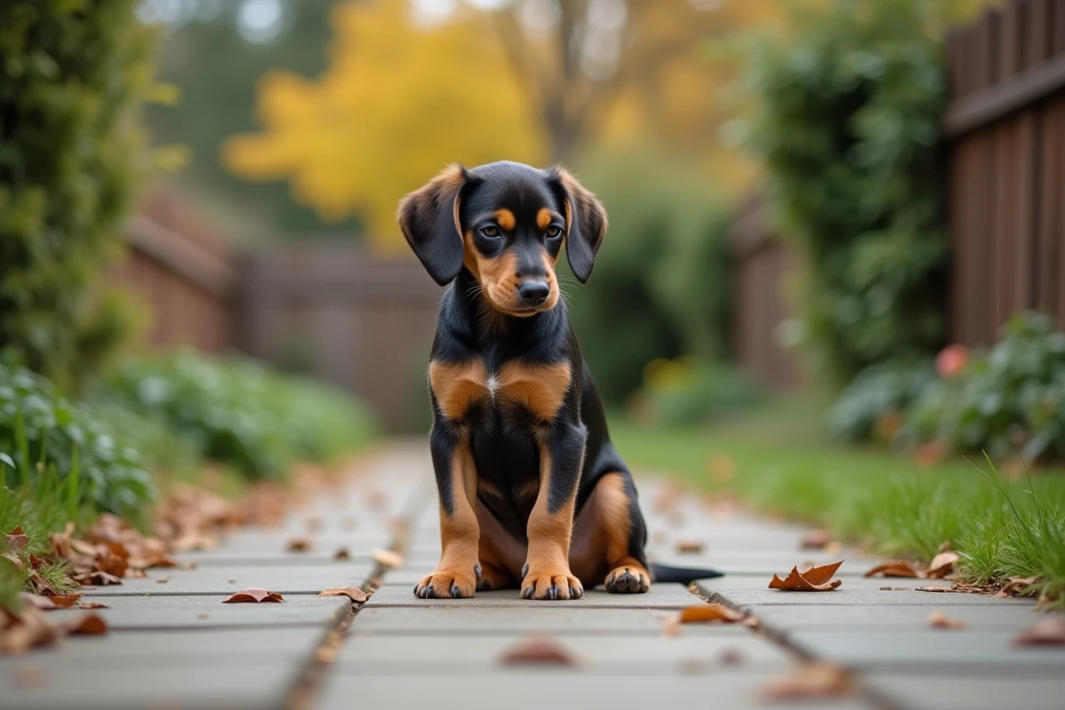 Jeune teckel arlequin seul sur un chemin pavé dans un jardin