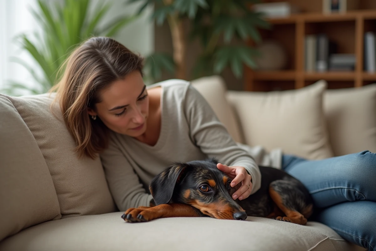 Teckel arlequin allongé sur un canapé beige avec une femme attentive