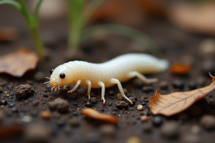 Gros plan d'un asticot blanc sur sol humide naturel
