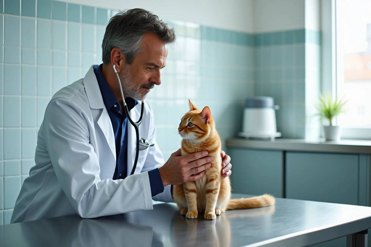 Vétérinaire examinant un chat orange en clinique