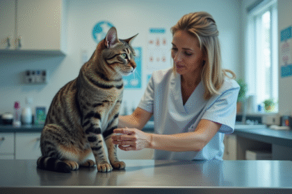 Vétérinaire examinant un chat domestique dans une clinique