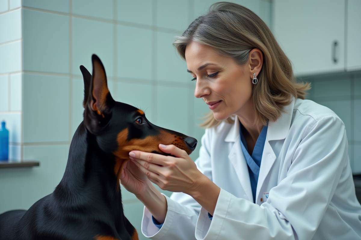 Vétérinaire examinant un Dobermann dans une clinique