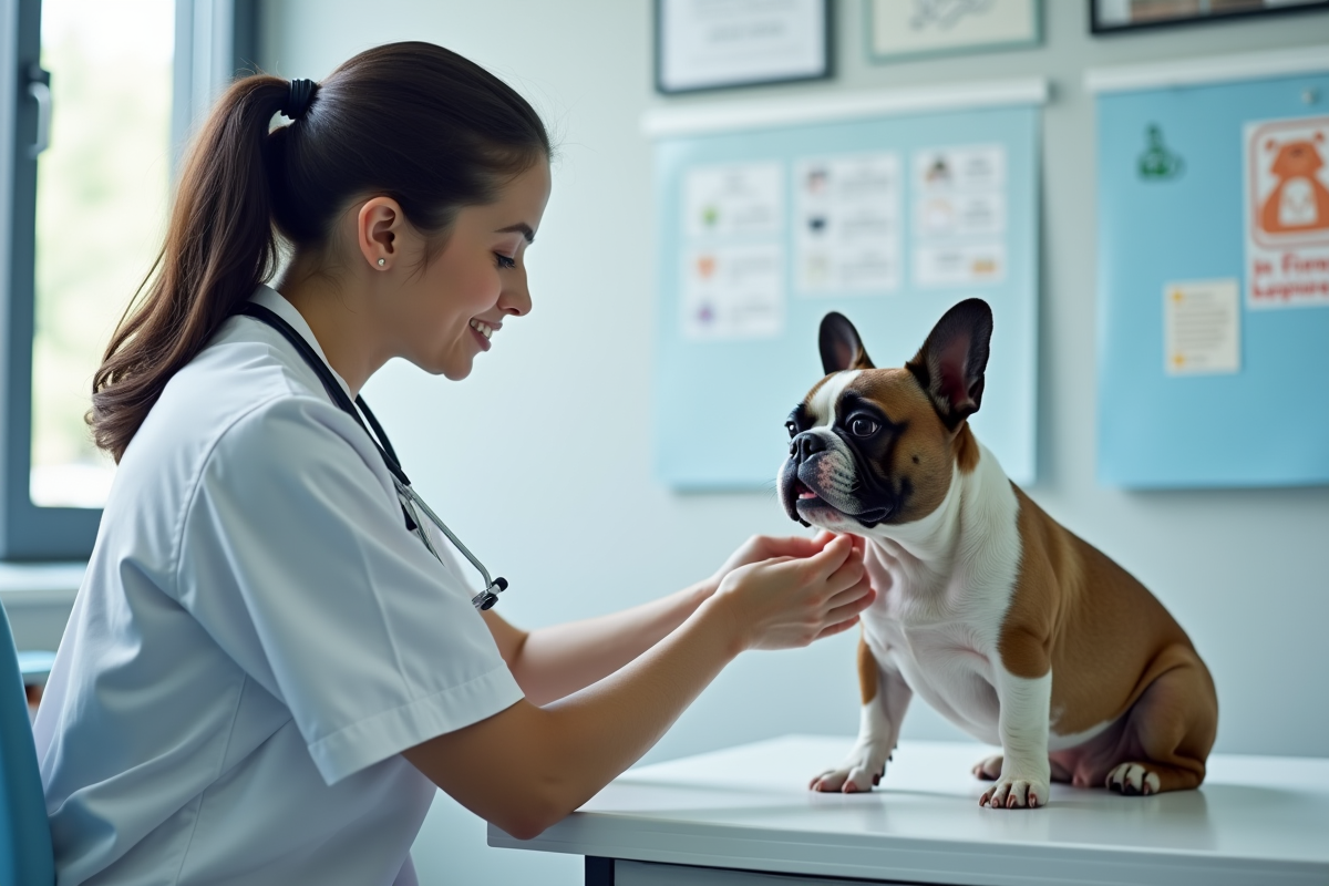 Vétérinaire examinant un bouledogue français en clinique moderne
