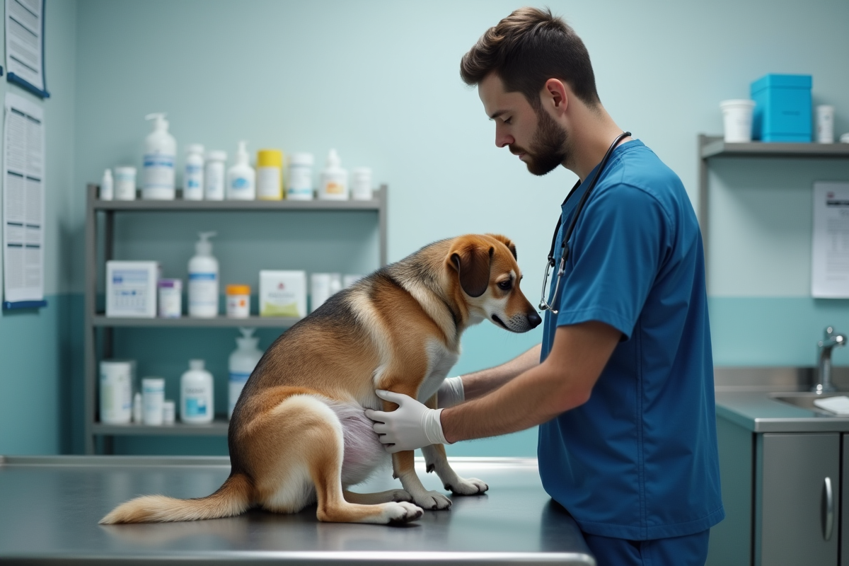 Vétérinaire examinant un chien âgé en clinique