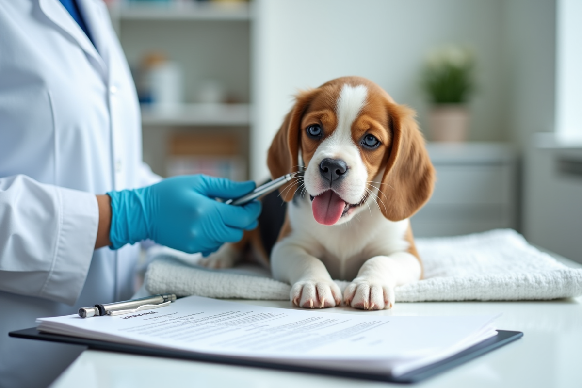 Vétérinaire examine un chiot sur une table d