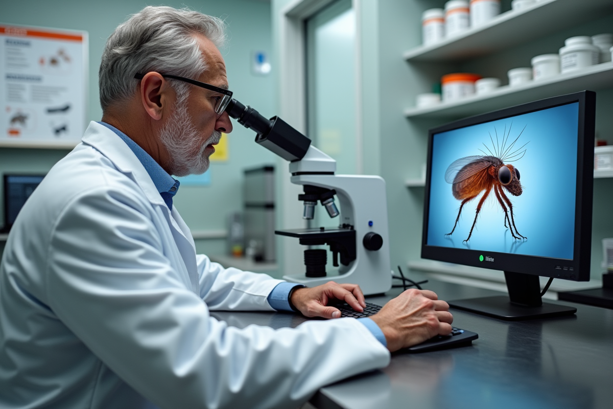 Vétérinaire examinant une illustration de puce au microscope en clinique