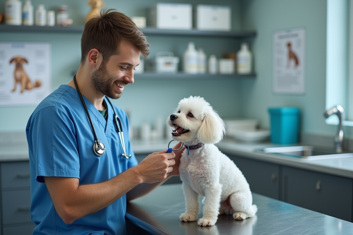 Vétérinaire examinant un petit caniche blanc en clinique