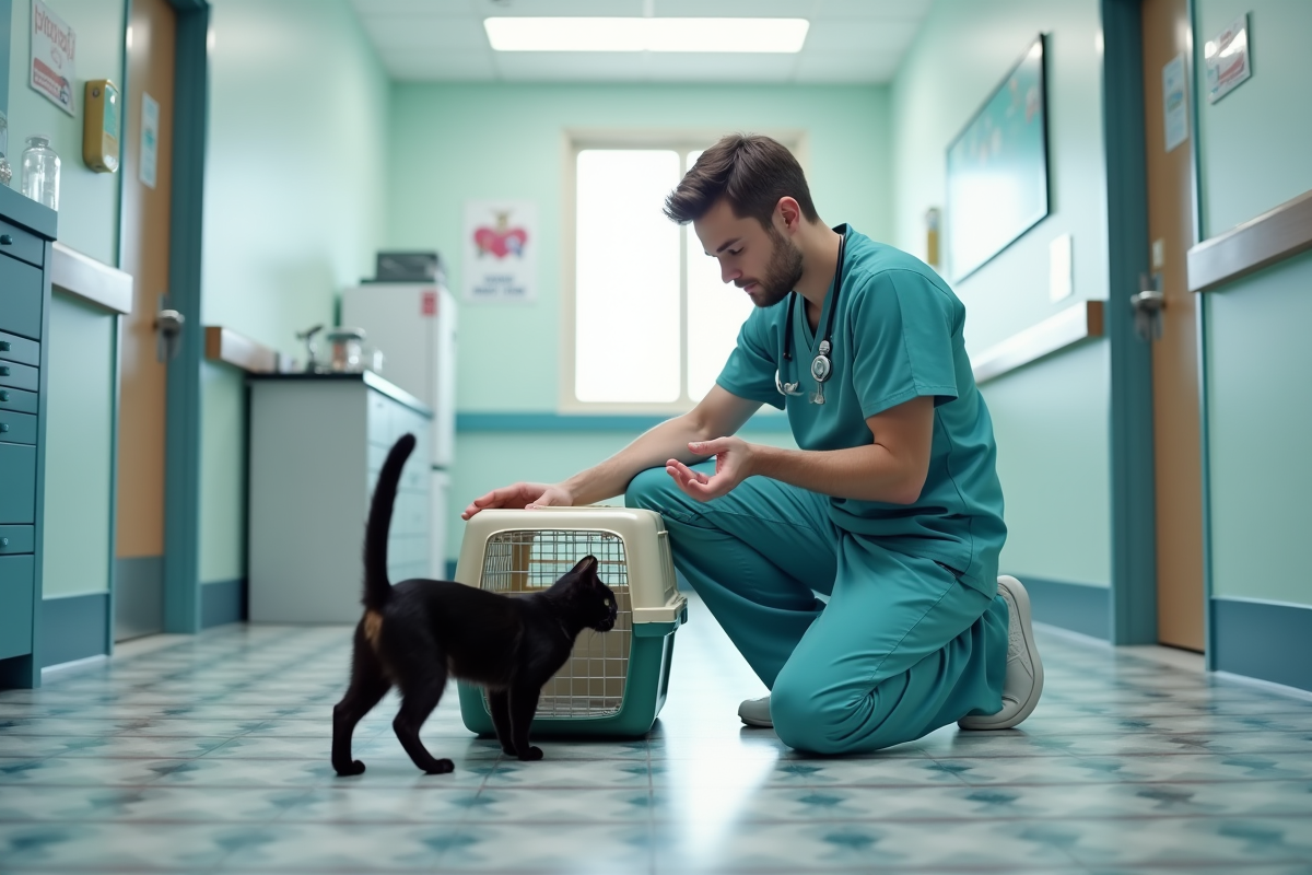 Vétérinaire rassurant un chat nerveux en clinique