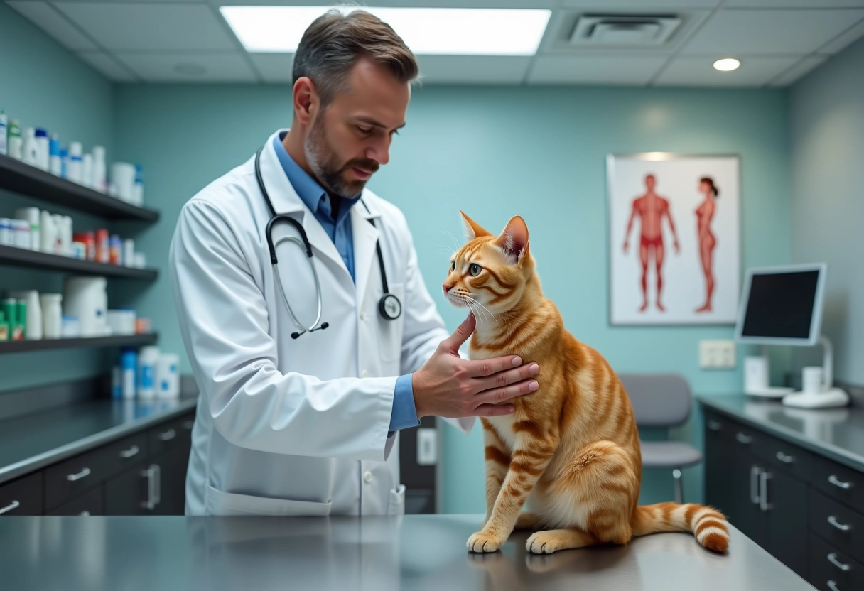 Vétérinaire rassurant un chat sur une table d