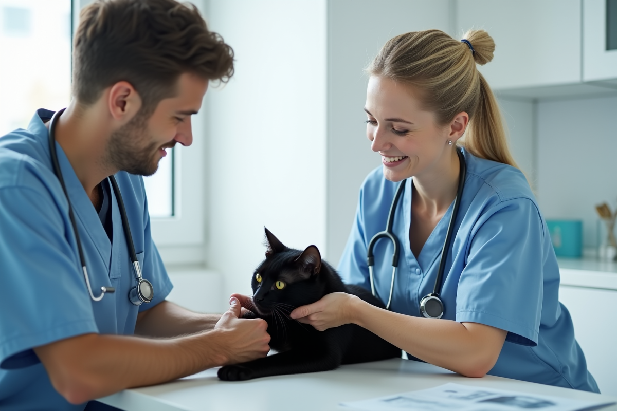Vétérinaire vérifiant la patte d’un chat noir en clinique