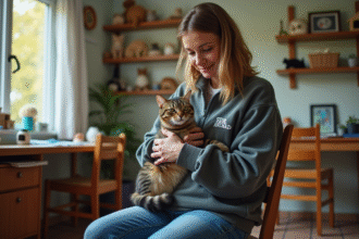 Femme bénévole caressant un chat dans un refuge animalier