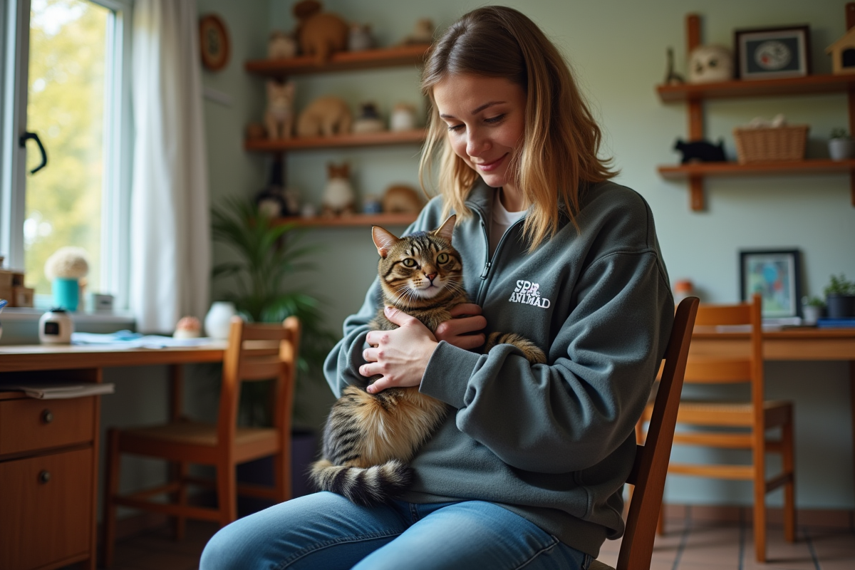 Femme bénévole caressant un chat dans un refuge animalier