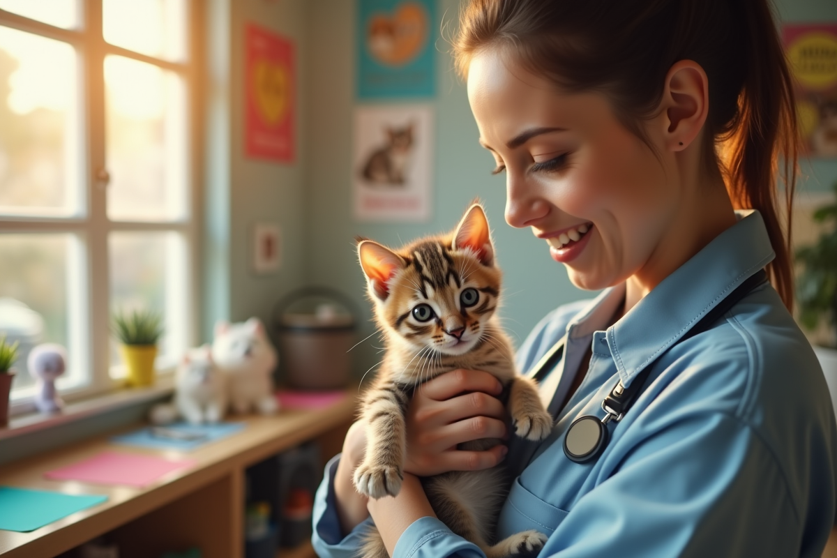 Volontaire tenant un chaton tigré dans un centre d