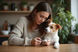 Femme trimmant la patte de son chien dans une cuisine chaleureuse